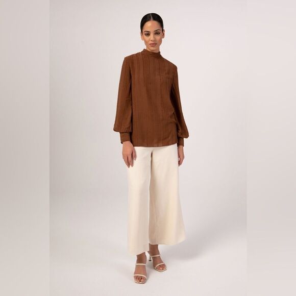 VEILED New York Textured Rayon Balloon Sleeve Blouse - Brown Cocoa - Picture 15 of 15